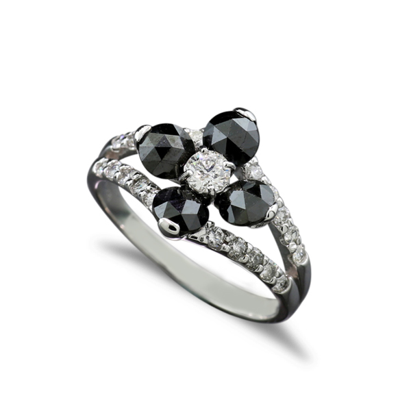 Blüten-Ring mit schwarzen Diamantrosen und weißen Brillanten 1,66 carat in  750er Weißgold