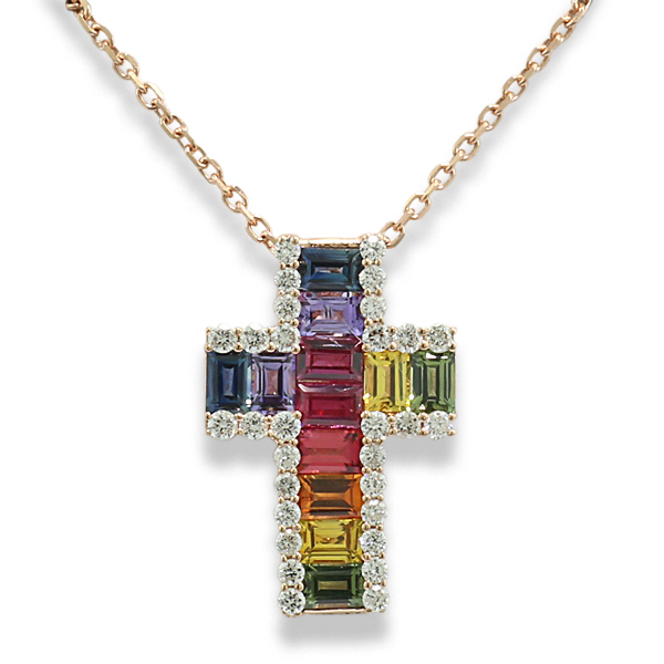 Mehrfarbige Edelsteine in Kreuz-Anhänger Saphire und Diamanten mit Kette  750er Roségold