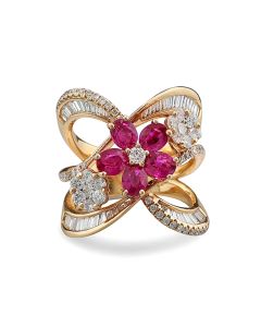 Blumenring mit Diamanten, Brillanten und Rubinen in 750-Roségold