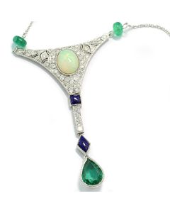 Halskette Collier ungewöhnlich Art-Deko-Stil Weißgold Diamanten Opal Smaragd