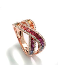 Croisé-Ring mit farbigen Saphiren "Rainbow" und Brillanten 750-Roségold