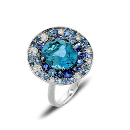 Ring mit London-Blue-Topas, Saphiren und Brillanten 