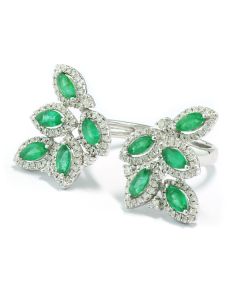 Doppelfinger Ring Smaragd Diamant grüner Edelstein 18 Karat Weißgold