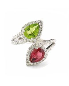 Doppelring grüner Peridot roter Turmalin Diamanten