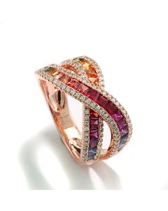 Croisé-Ring mit Saphiren "Rainbow" und Brillanten 750-Roségold