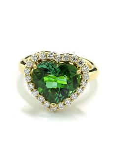 Damenring Herz grüner Edelstein weiße Diamanten lagunengrüner Turmalin